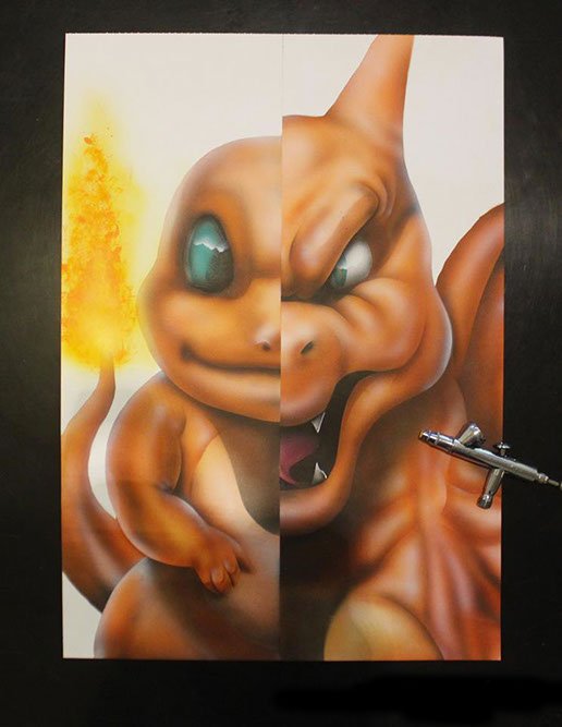 Peinture aérographe Pokémon Salamèche / Dracofeu par l'artiste Maxime Nepote