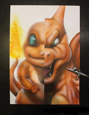 Peinture aérographe Pokémon Salamèche / Dracofeu par l'artiste Maxime Nepote