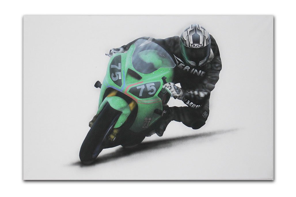 Peinture aérographe pilote moto kawasaki de course par l'artiste Maxime Nepote