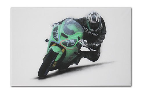 Peinture aérographe pilote moto kawasaki de course par l'artiste Maxime Nepote
