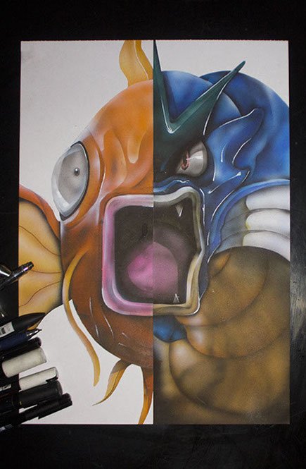 Peinture aérographe Pokémon magicarpe / Leviator par l'artiste Maxime Nepote