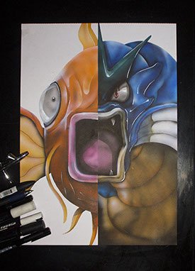 Peinture aérographe Pokémon magicarpe / Leviator par l'artiste Maxime Nepote