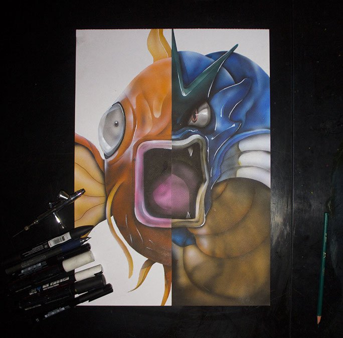Peinture aérographe Pokémon magicarpe / Leviator par l'artiste Maxime Nepote