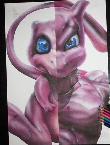 Peinture aérographe Pokémon mew / Mewtwo par l'artiste Maxime Nepote