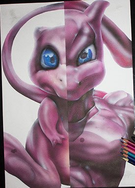 Peinture aérographe Pokémon mew / Mewtwo par l'artiste Maxime Nepote