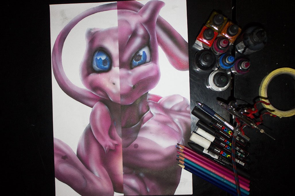 Peinture aérographe Pokémon mew / Mewtwo par l'artiste Maxime Nepote