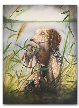 Peinture aérographe chien de chasse et canard colvert par l'artiste Maxime Nepote